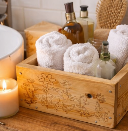 wooden storage box used in a bathroom, 