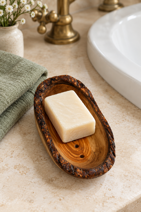 Handmade oval olive wood soap dish with natural grain and a rustic bark edge. Three drainage holes connect to an underside groove to help water drain away