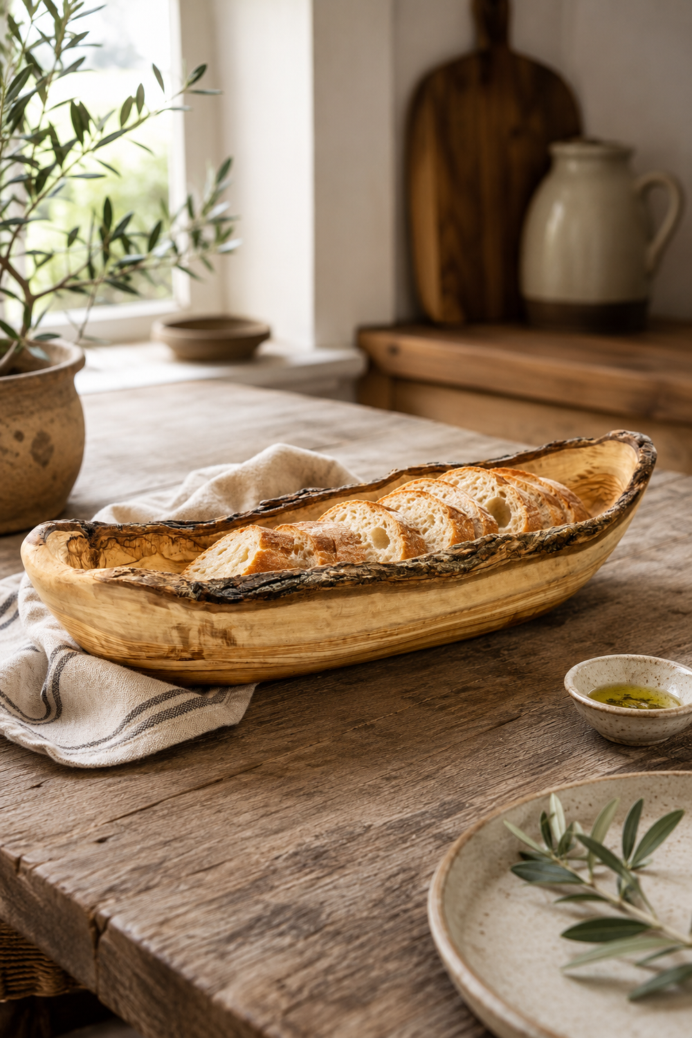 Rustic olive wood bread bowl with natural grain
