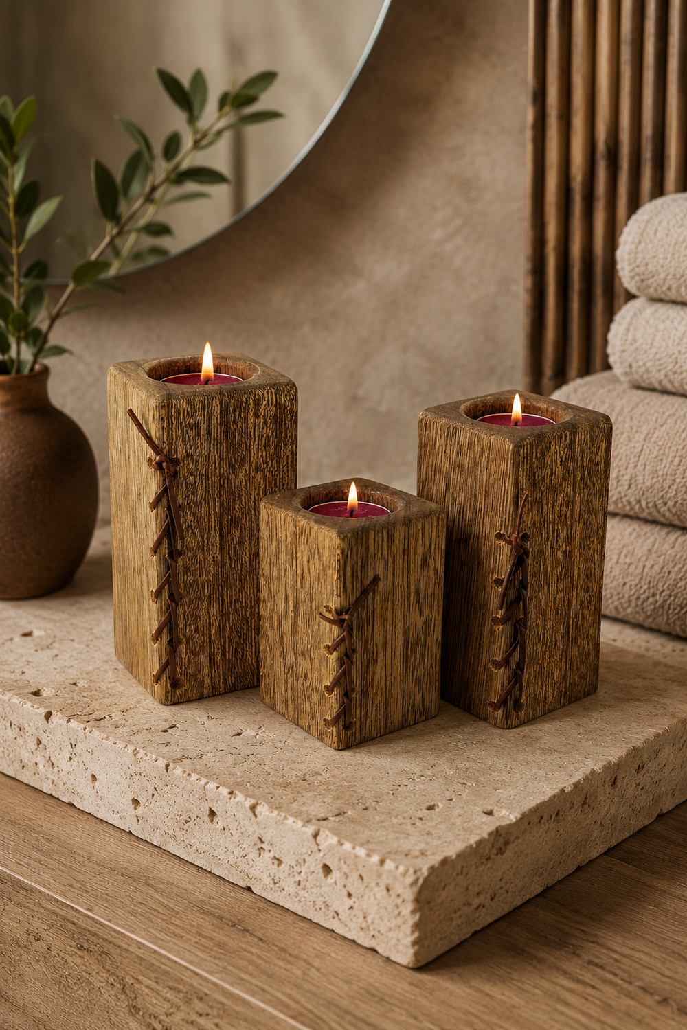 Rustic wooden pillar tealight holder set for mantelpiece or table styling
