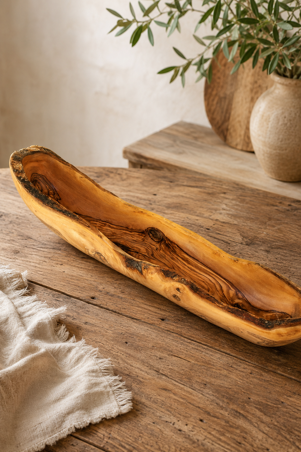 Rustic wooden serving bowl for bread, snacks and table centrepieces
