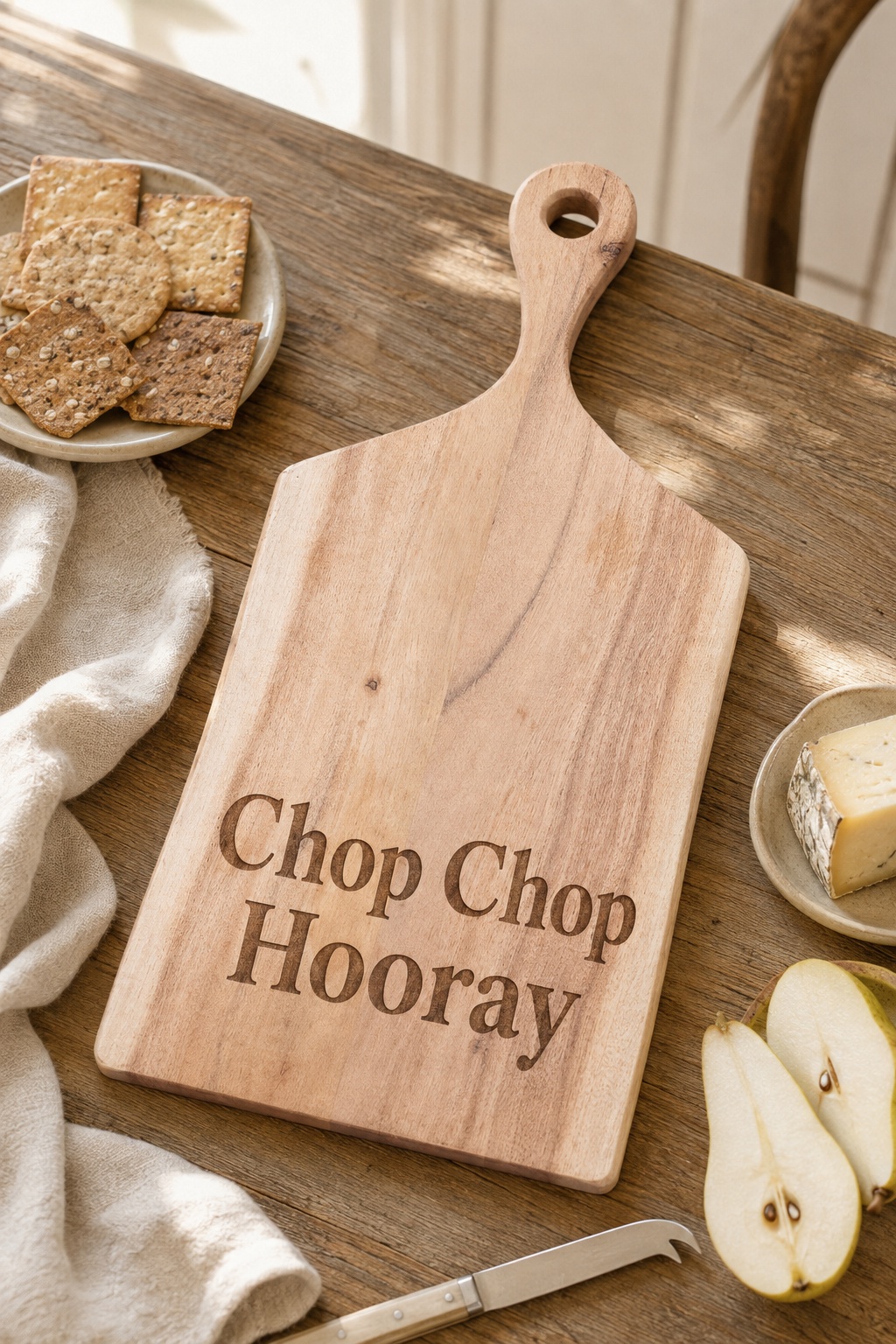 A wooden cutting board with the engraved phrase 'Chop Chop Hooray' lies on a rustic wooden table, surrounded by food props including crackers, cheese, pear slices, a knife, and a cloth. No person or animal is present, but this is a styled real-environment tabletop scene rather than a clean studio packshot, so subject_type is Lifestyle.