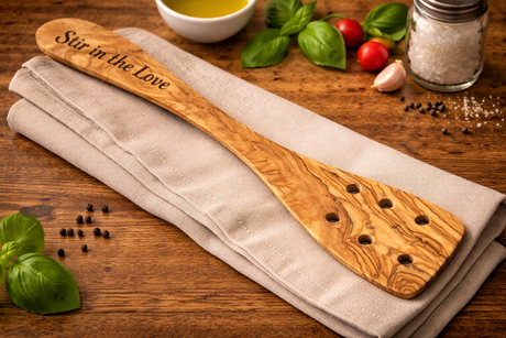 Olive Wood Slotted Spatula Cooking Utensil (30cm) - with Optional Personalised Engraving