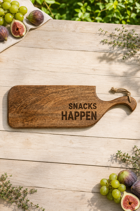 A rectangular wooden serving board with a handle, engraved with the words 'SNACKS HAPPEN', placed on a light wood tabletop. Green grapes, figs, and herbs are arranged around the board in a styled outdoor picnic setting.
