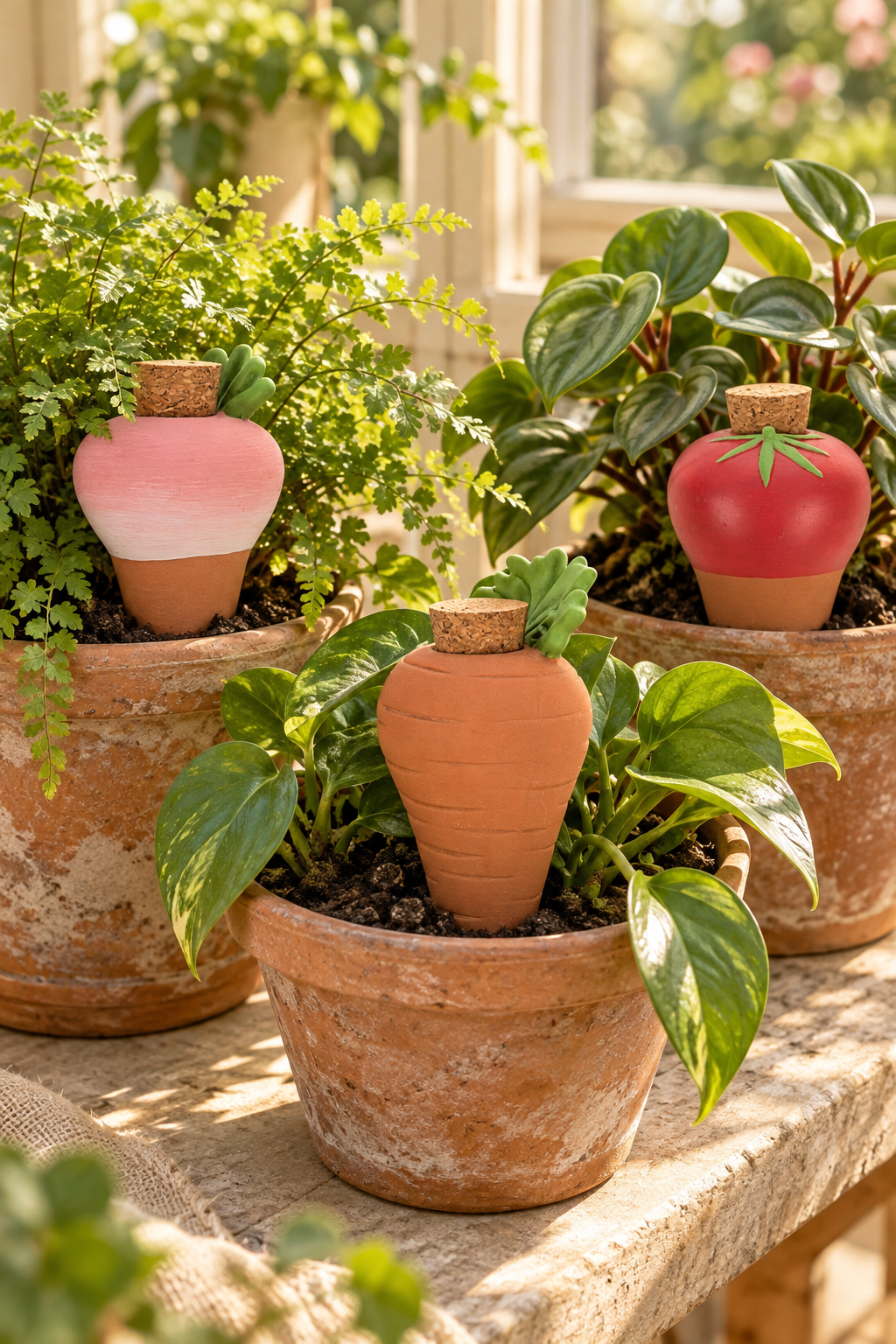 Terracotta Watering Spikes – Vegetable Designs, Set of 3