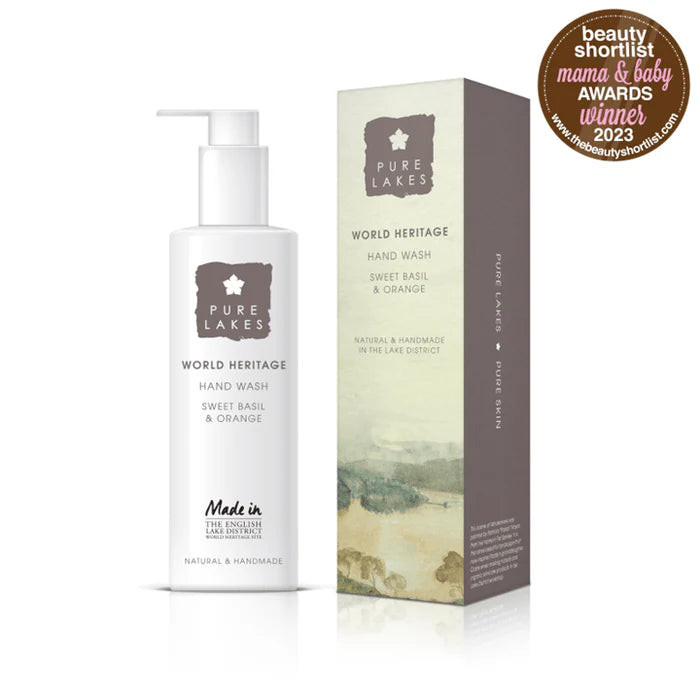 Pure Lakes World Heritage hand wash and packaging on a white background