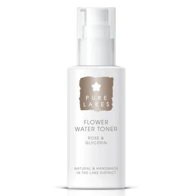White bottle of 'Pure Lake' flower water toner on a white background