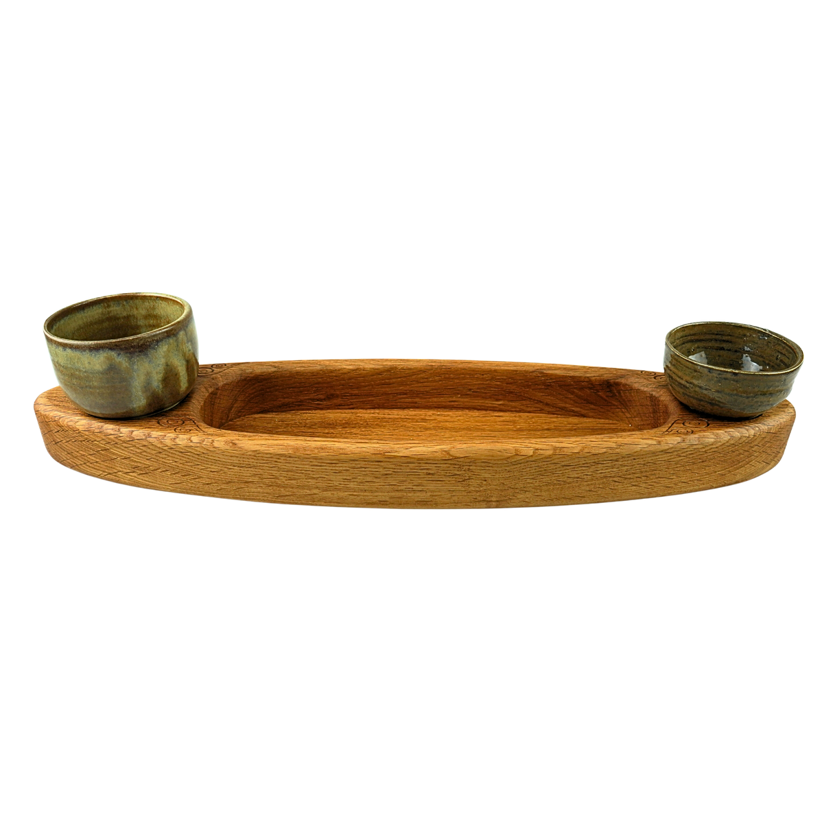 Oak tray with two stoneware pots