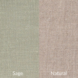 Two fabric swatches labeled 'Sage' and 'Natural' on a textured background.