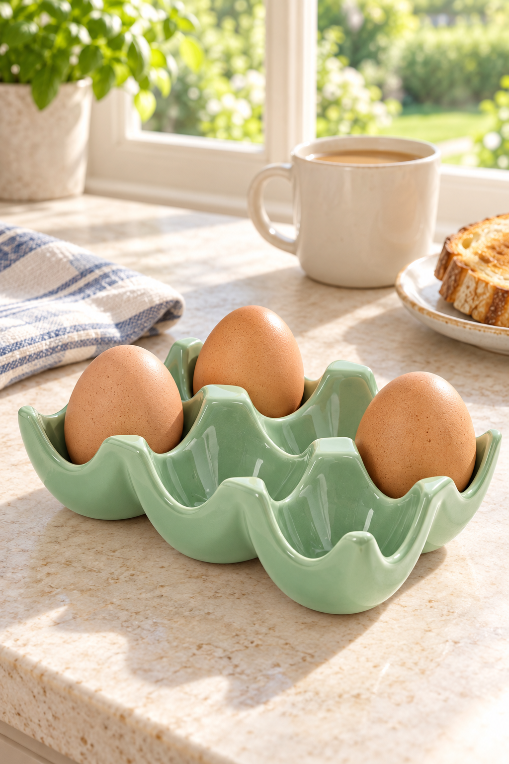 A light sage green ceramic egg holder with six compartments, shown holding three brown eggs on a beige kitchen countertop near a window with a coffee mug and toast in the background.