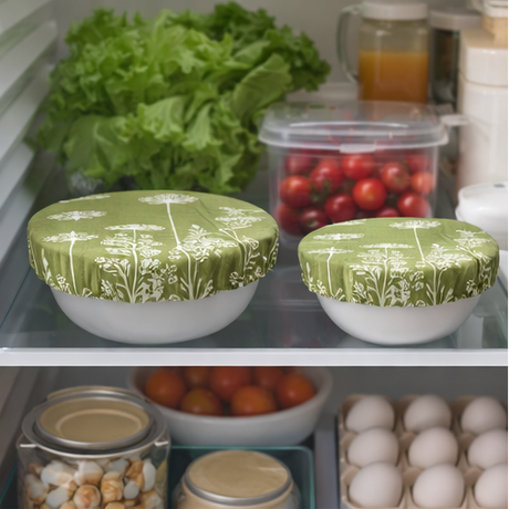 Collage of green patterned bowls with lids used in various settings.