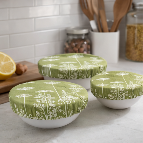 Collage of green patterned bowls with lids used in various settings.