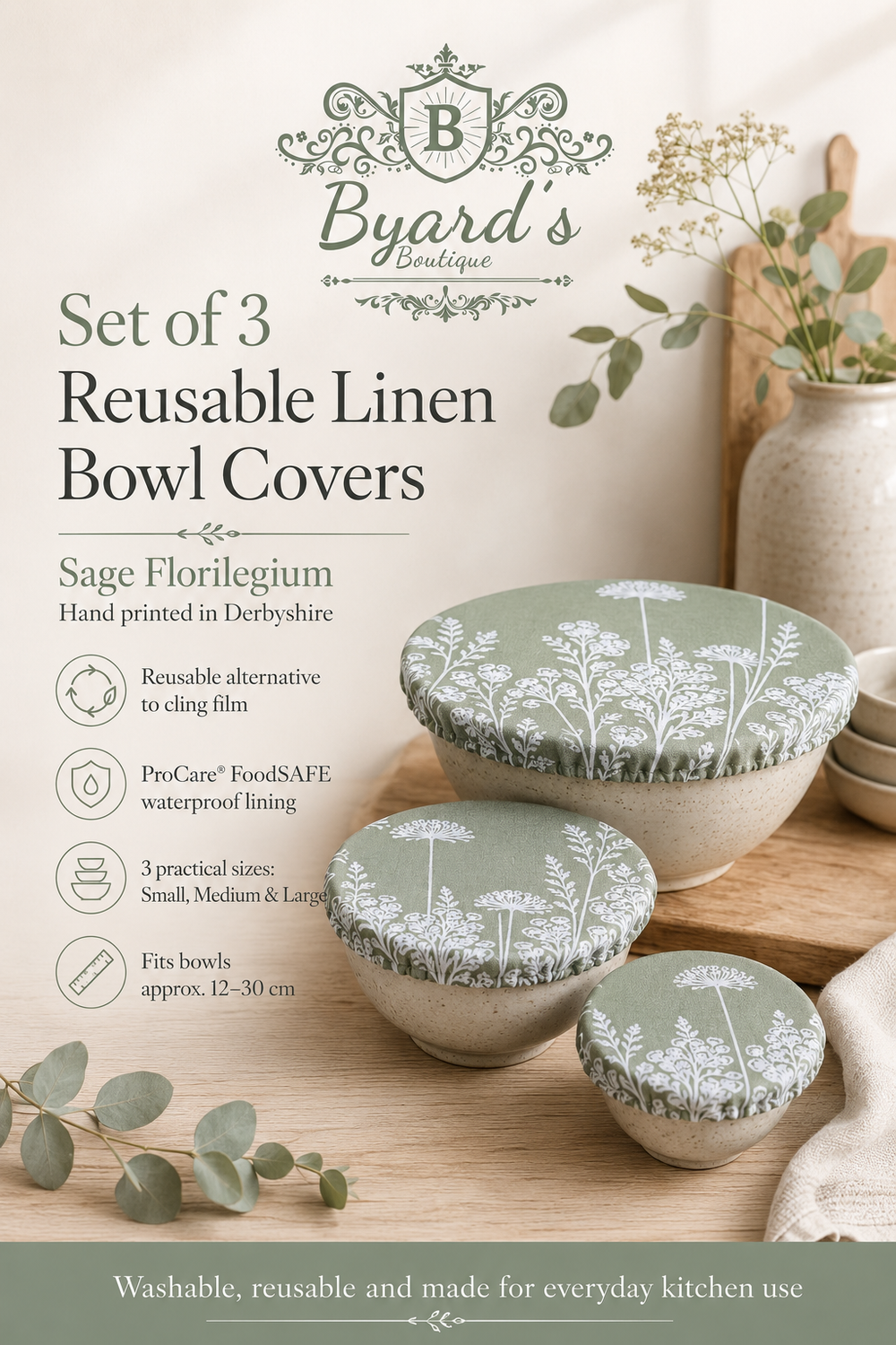 A set of three reusable Sage Florilegium linen bowl covers, hand printed in Derbyshire with a delicate white botanical design featuring agapanthus and foxglove flowers. Lined with ProCare® FoodSAFE waterproof fabric, they are ideal for covering leftovers, salads, fruit bowls, prep bowls, cake mixtures and rising dough.