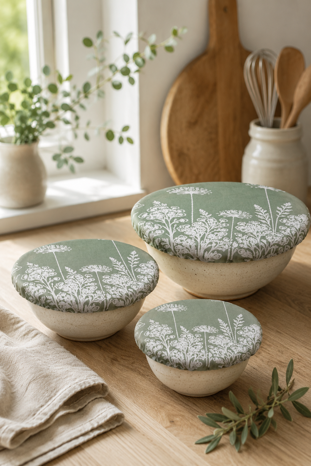 A set of three reusable Sage Florilegium linen bowl covers, hand printed in Derbyshire with a delicate white botanical design featuring agapanthus and foxglove flowers. Lined with ProCare® FoodSAFE waterproof fabric, they are ideal for covering leftovers, salads, fruit bowls, prep bowls, cake mixtures and rising dough.