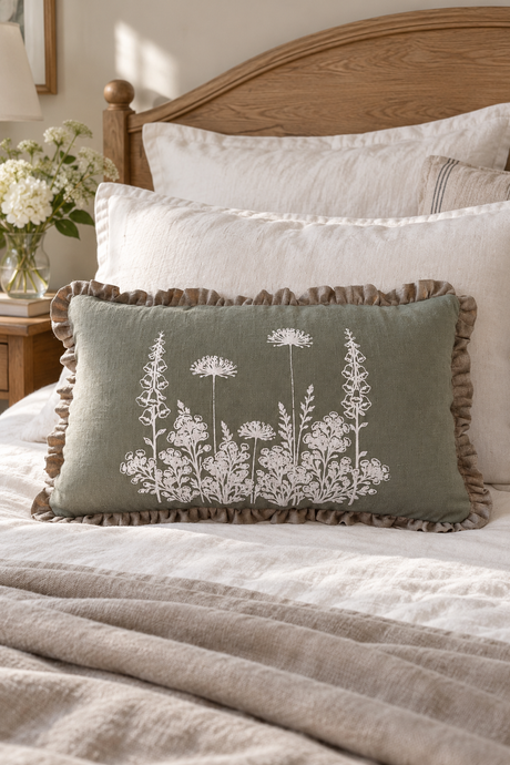 Sage 50 × 30cm Florilegium cushion with a small natural ruffle on ivory bedding beneath an oak headboard.