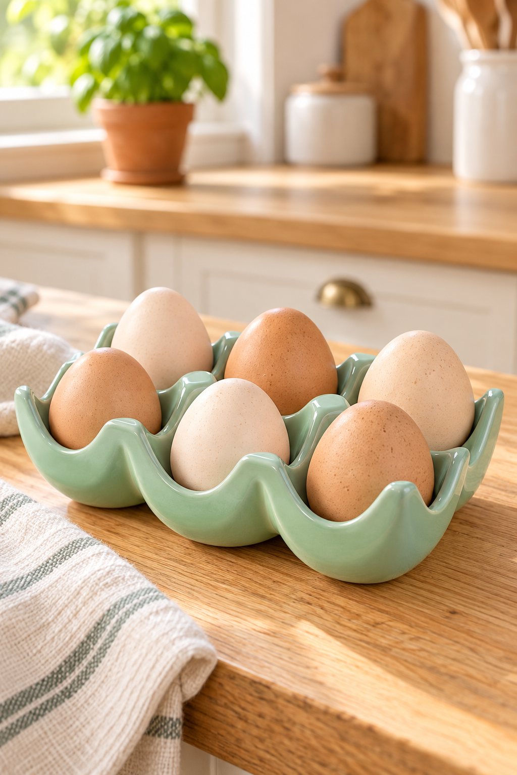 A sage green ceramic egg carton holding six eggs, set on a wooden kitchen countertop with a striped cloth nearby and a softly blurred kitchen background.