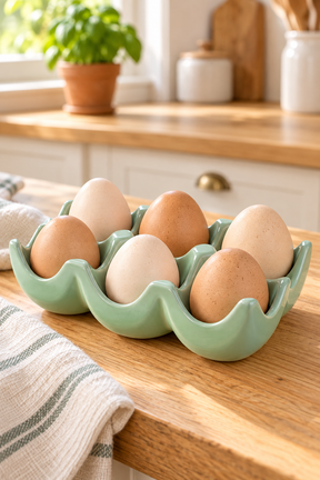 A sage green ceramic egg carton holding six eggs, set on a wooden kitchen countertop with a striped cloth nearby and a softly blurred kitchen background.
