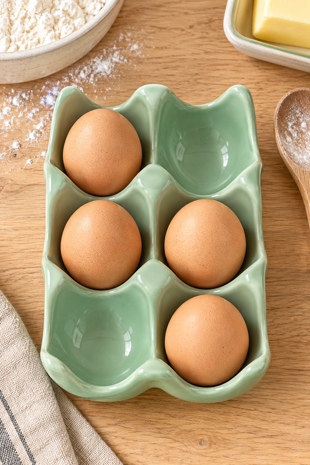 A light green ceramic egg holder containing four brown eggs, styled on a wooden tabletop with baking ingredients like flour, butter, and a wooden spoon.