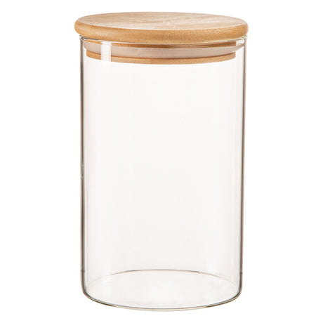 Clear glass jar with a wooden lid on a white background
