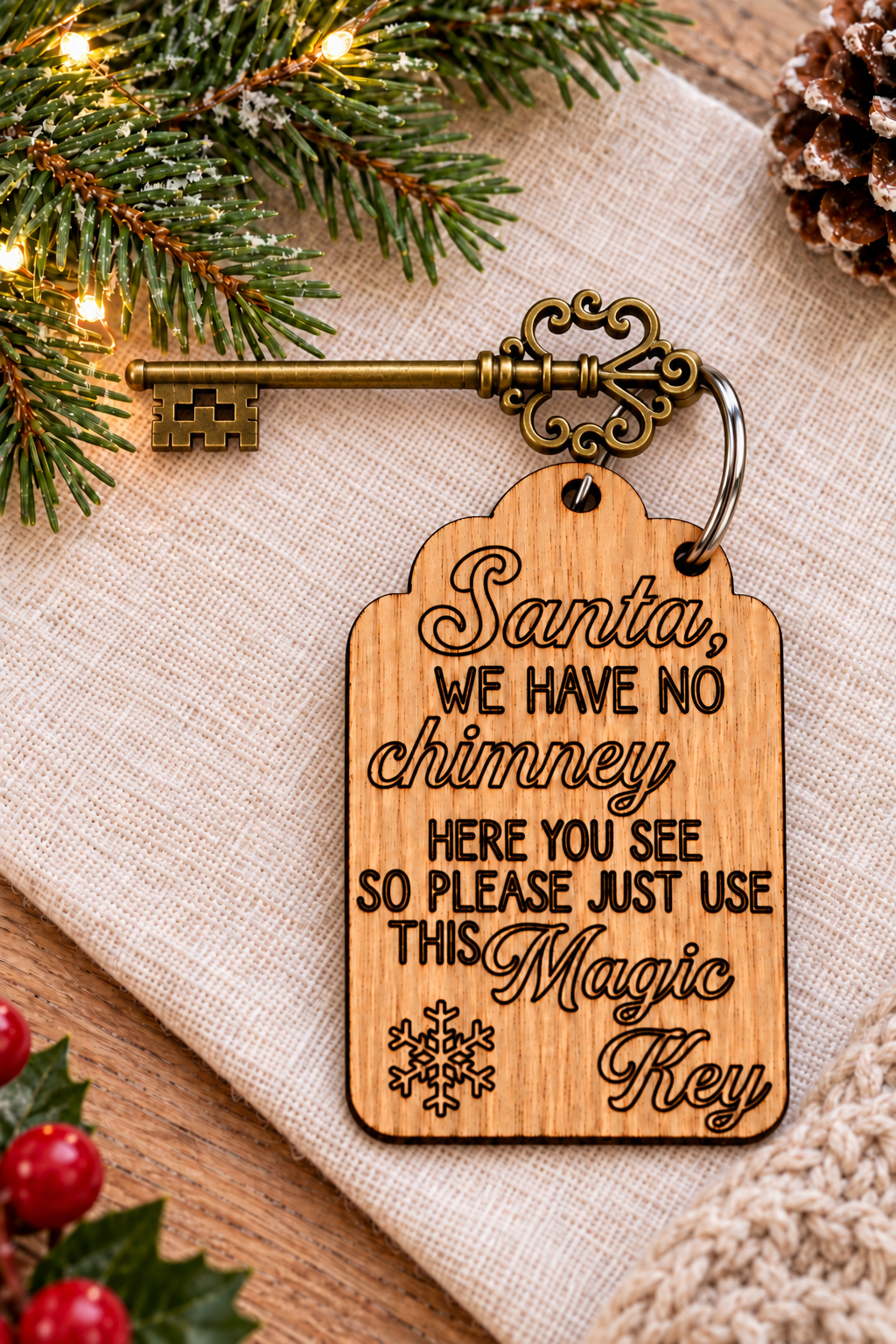 A wooden Christmas key tag engraved with the phrase 'Santa, WE HAVE NO chimney HERE YOU SEE SO PLEASE JUST USE THIS Magic Key' and a snowflake, shown with a decorative antique-style metal key on a burlap fabric with holiday greenery and lights.
