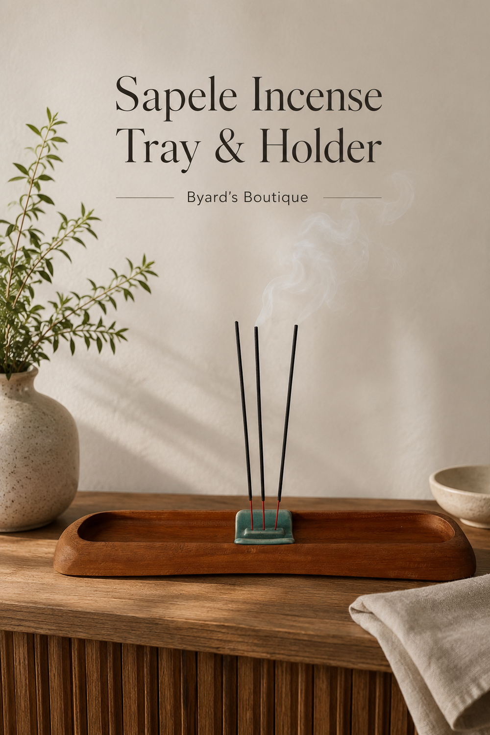 Sapele incense tray and holder on a wooden surface with Byard's Boutique branding.