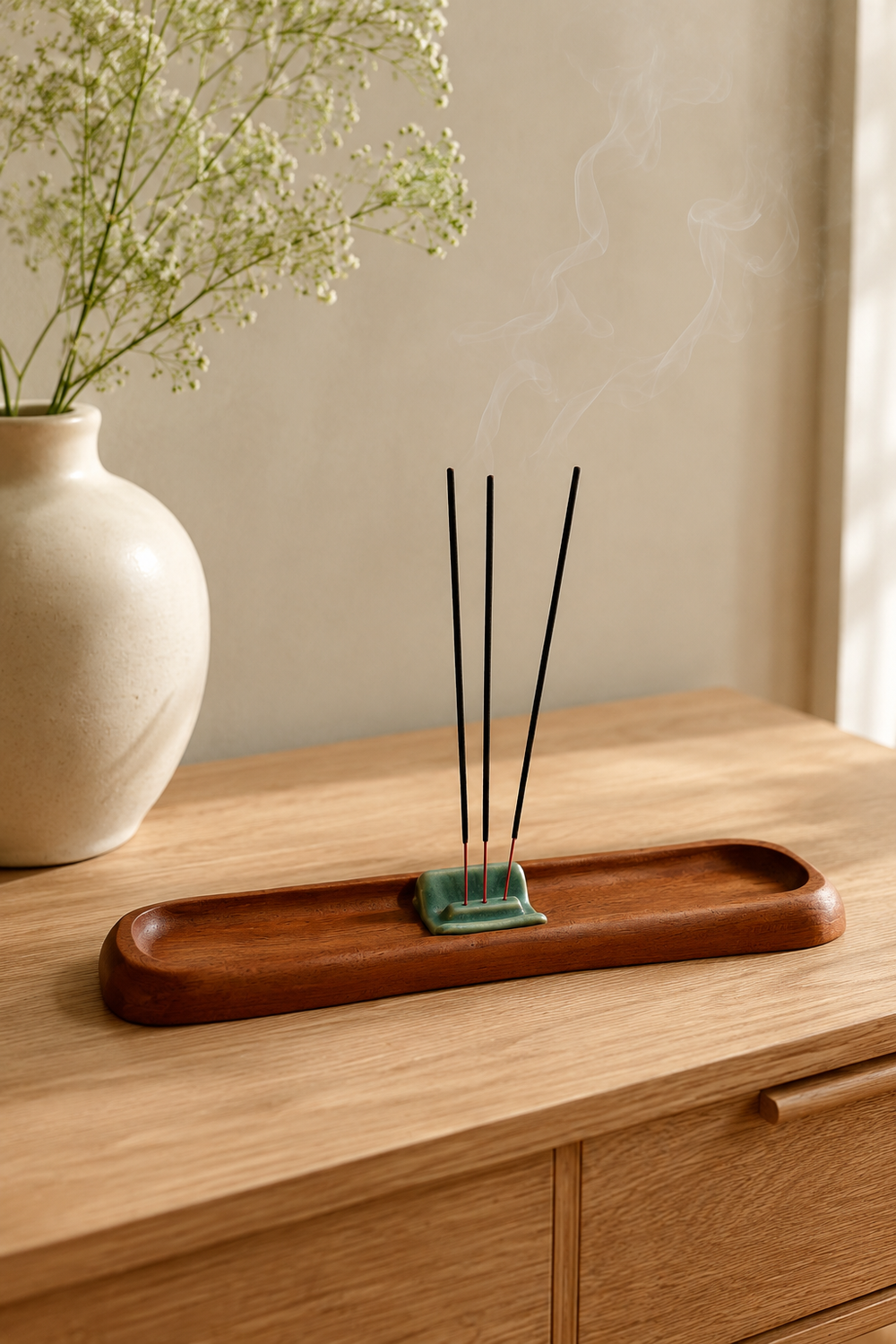 Incense sticks on a wooden tray with a vase of flowers in the background
