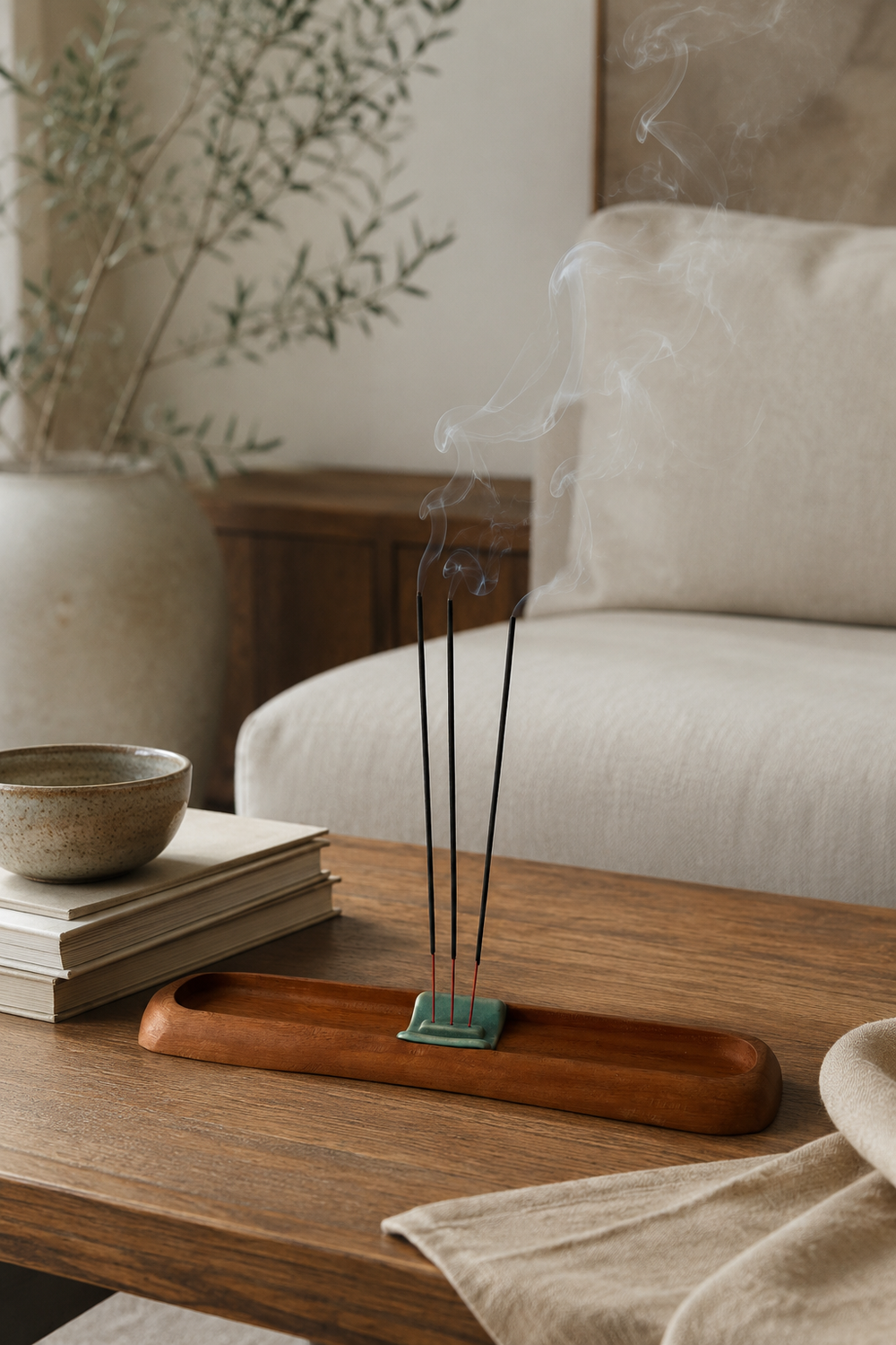 Incense sticks on a wooden tray with a bowl and books in the background