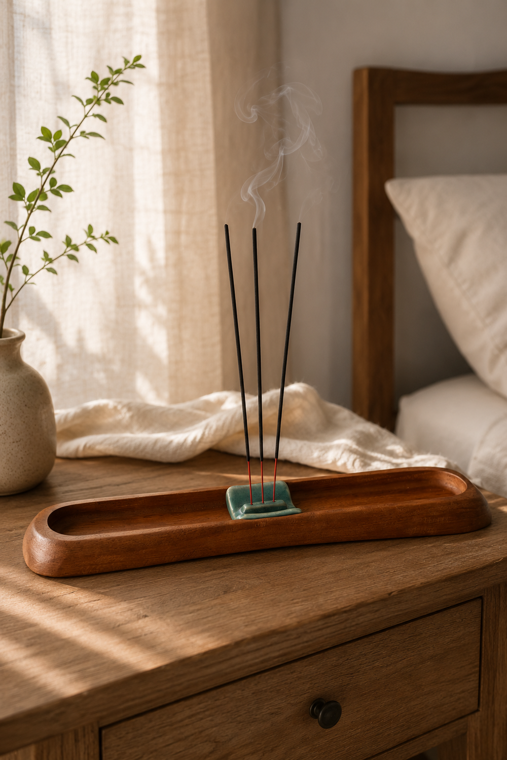 Incense sticks on a wooden tray with a plant and curtain in the background