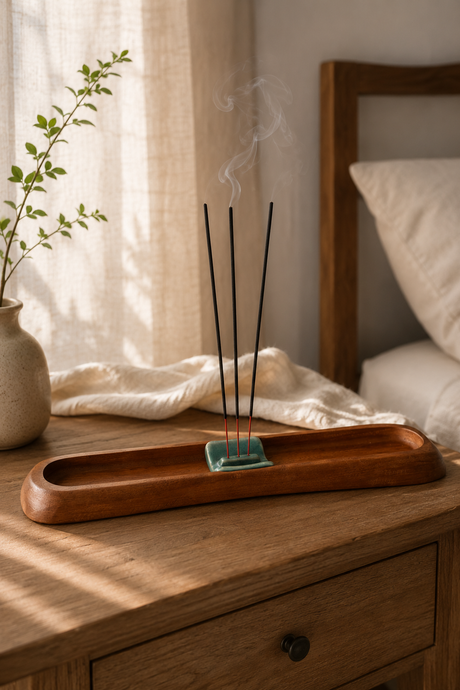 Incense sticks on a wooden tray with a plant and curtain in the background