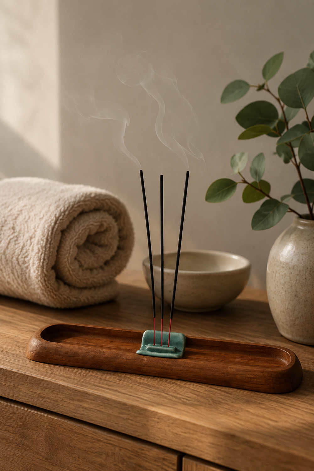 Incense sticks on a wooden tray with a bowl and rolled towel on a wooden surface.
