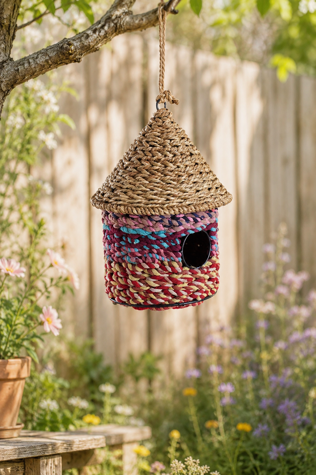 Woven birdhouse hanging from a tree branch in a garden setting.