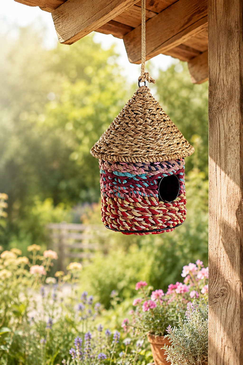Woven birdhouse hanging from a wooden structure in a garden with flowers and greenery.