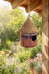 Woven birdhouse hanging from a wooden structure in a garden with flowers and greenery.