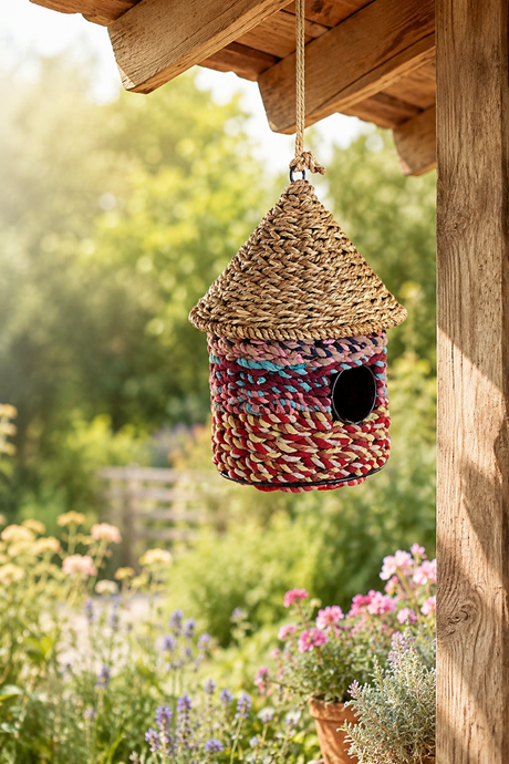 Woven birdhouse hanging from a wooden structure in a garden with flowers and greenery.