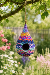 Colorful knitted birdhouse hanging from a tree branch with flowers and greenery in the background