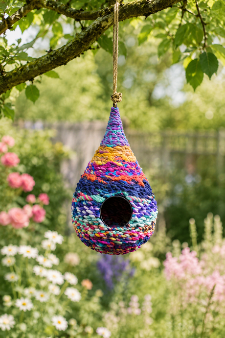 Colorful knitted birdhouse hanging from a tree branch with flowers and greenery in the background
