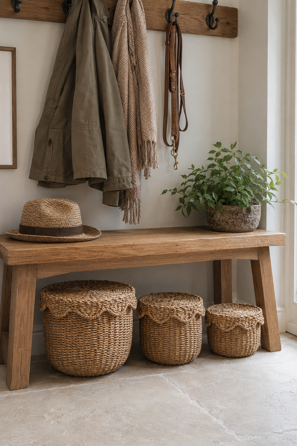 A rustic wooden entryway bench with woven storage baskets underneath, a straw hat on the left, a potted plant on the right, and hanging coats and leather straps on a wall rack above.