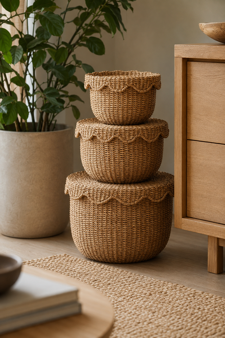 Three nested round woven baskets with scalloped edges in a natural tan jute or seagrass material, styled on a rug next to a wooden cabinet and a potted plant.