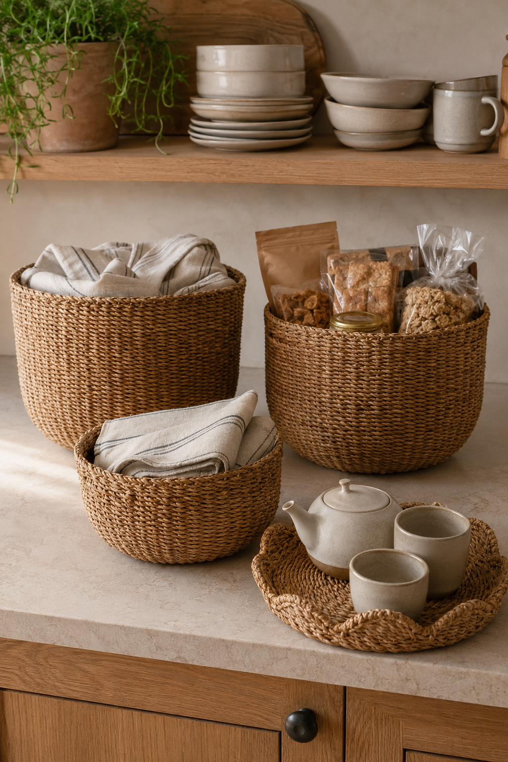 Three round woven wicker baskets in different sizes arranged on a light stone countertop in a warm kitchen setting, with folded linens, packaged snacks, and a woven tray holding a teapot and cups.