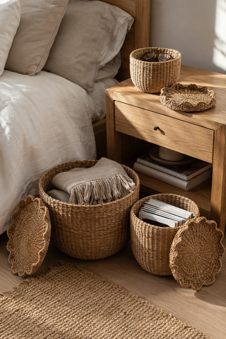 Natural woven seagrass storage baskets in a bedroom setting, shown on a wooden floor next to a bed and nightstand.