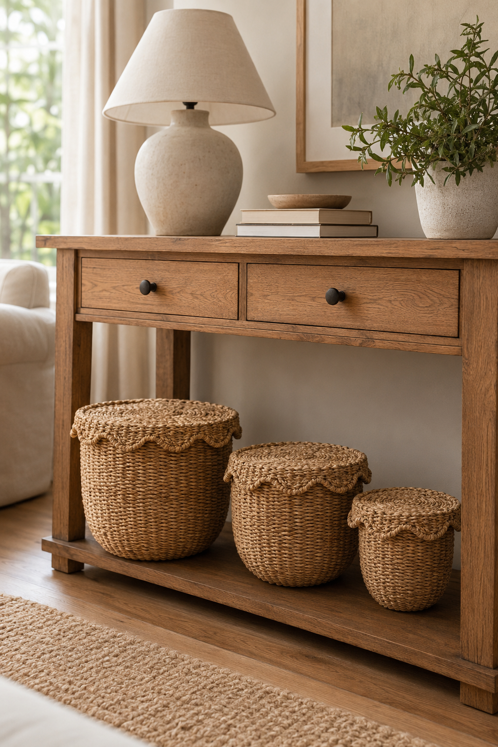A rustic wooden console table styled in a bright living room, holding a cream ceramic table lamp, stacked books, a potted green plant, and three woven natural fiber storage baskets on a lower shelf.