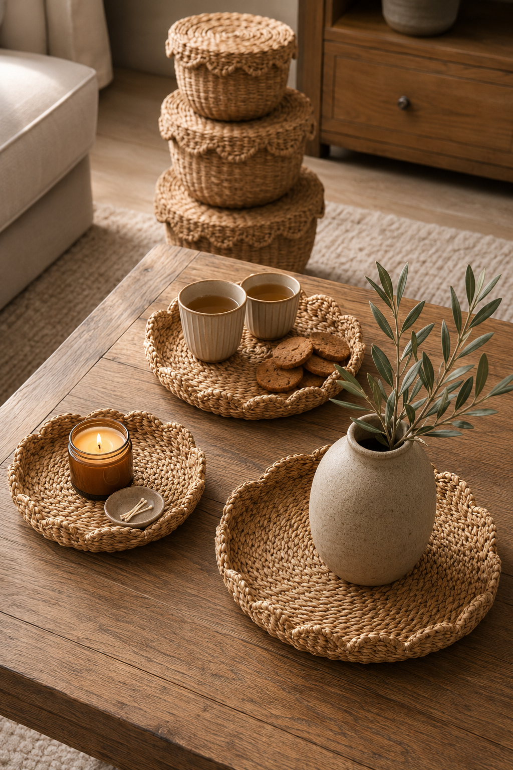 A styled interior scene showing woven natural-fiber round tray placemats on a wooden table, with a small vase, olive branch, cookies, cups, a candle, and stacked woven baskets in the background.