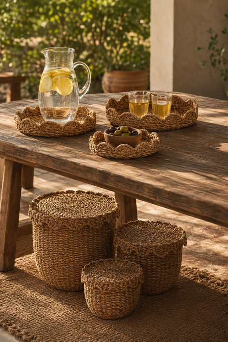 A set of natural woven seagrass baskets in multiple sizes styled on a rustic wooden table and floor mat, alongside matching woven coasters and serving trays holding a glass pitcher and two glasses.