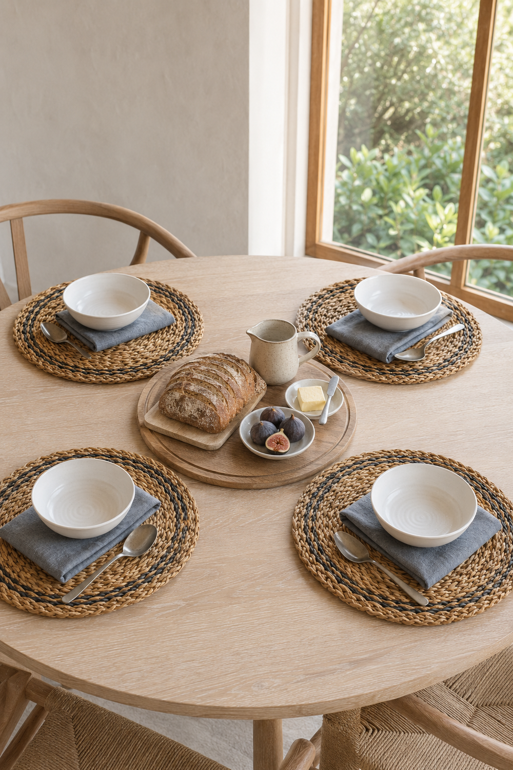 Four handwoven seagrass placemats with a two-tone spiral weave and softly scalloped edge. A natural, textured base for everyday dining tables.