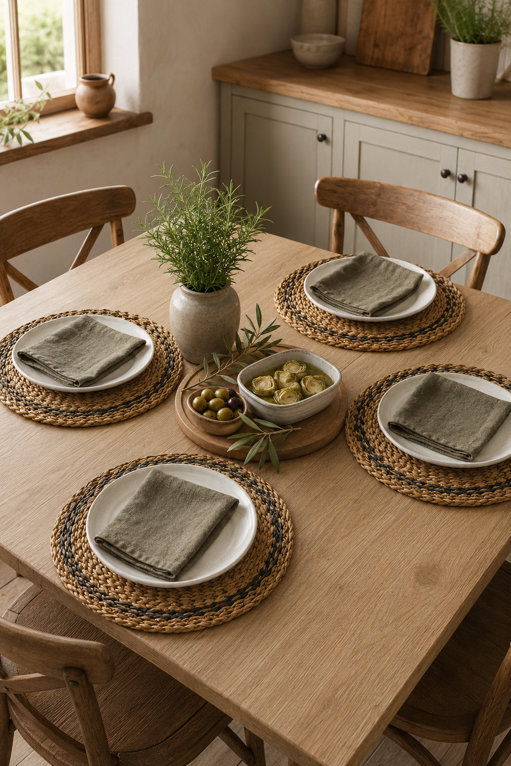Set of four round handwoven seagrass placemats with a natural two-tone spiral weave and scalloped edges.