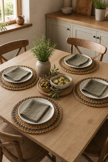 Set of four round handwoven seagrass placemats with a natural two-tone spiral weave and scalloped edges.