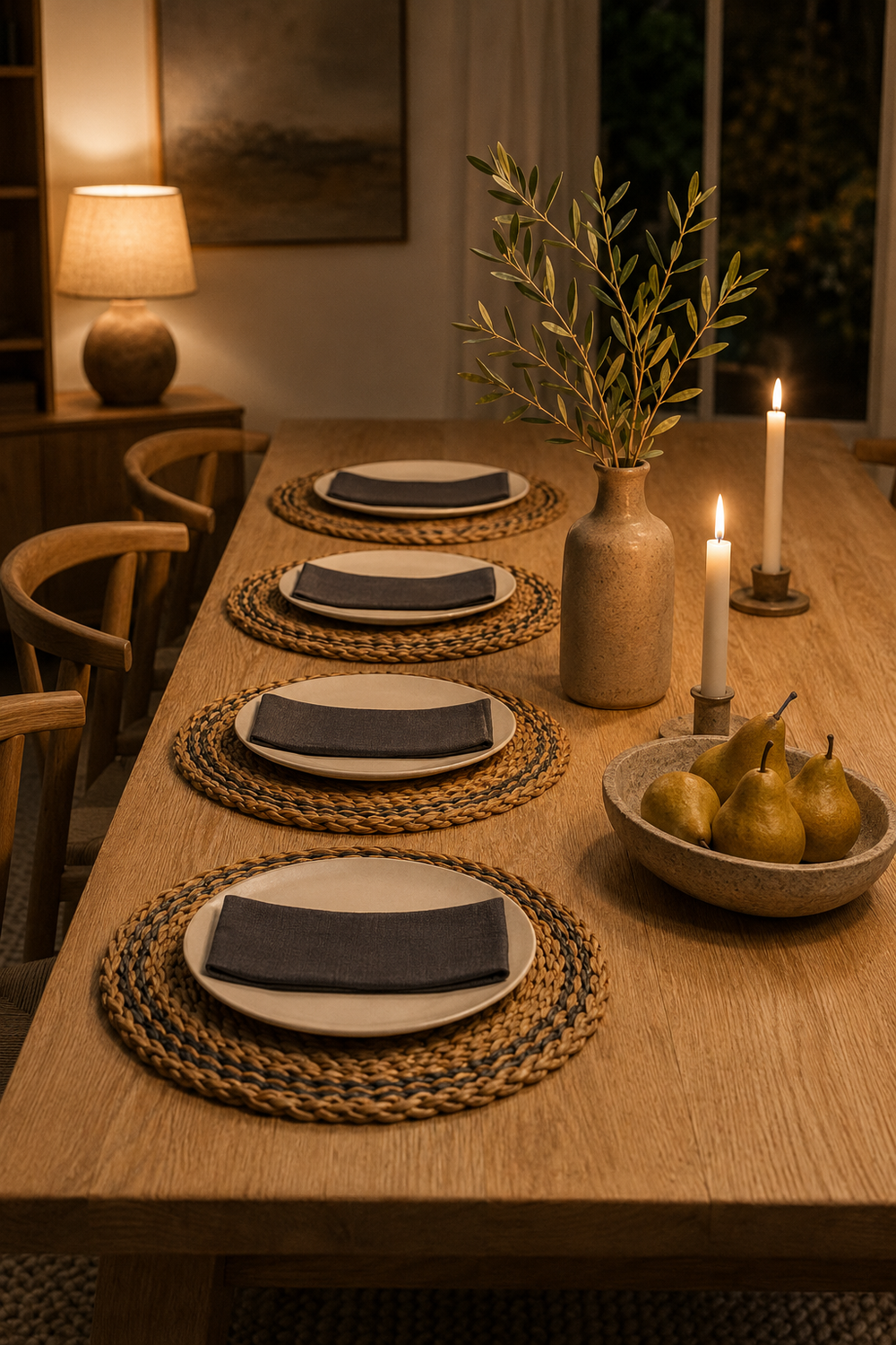 Set of four round handwoven seagrass placemats with a natural two-tone spiral weave and scalloped edges.