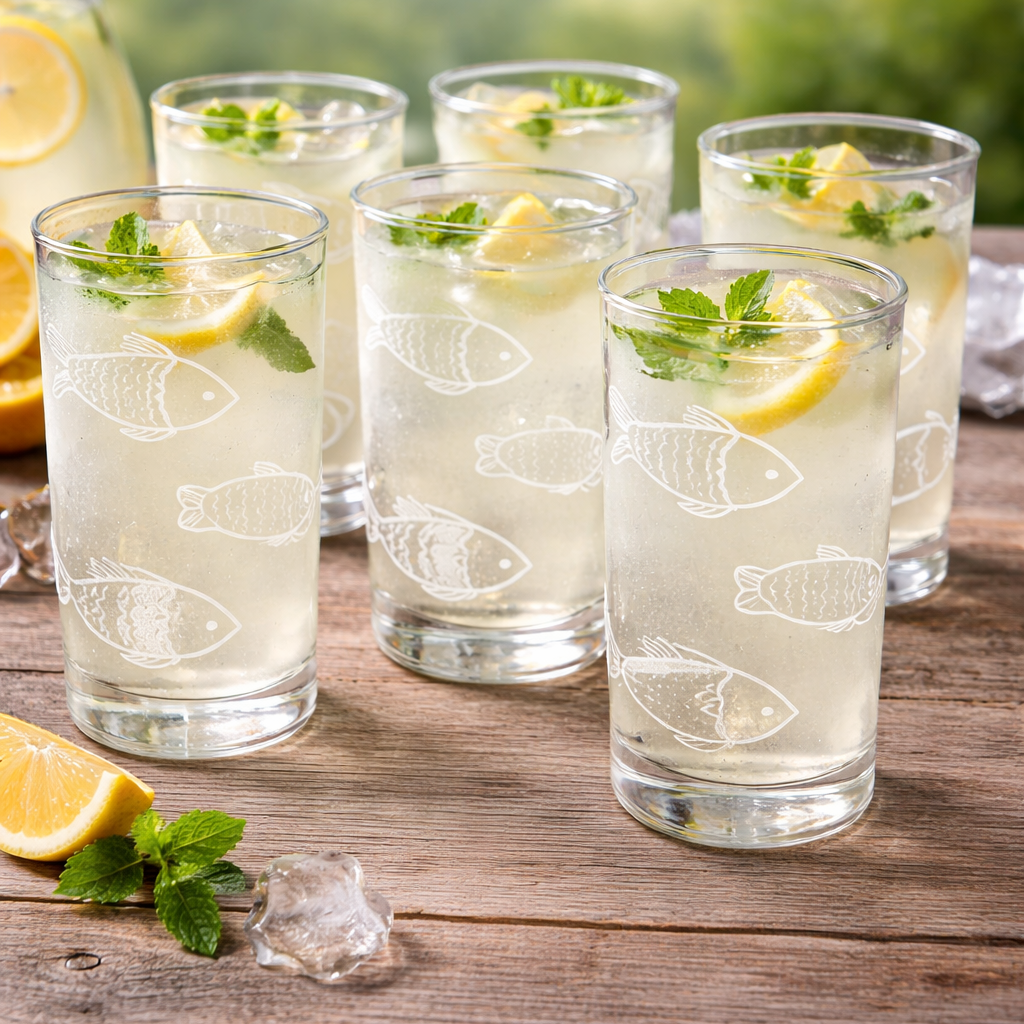 Fish-patterned clear glass tumblers filled with ice, lemon and mint on a wooden table.