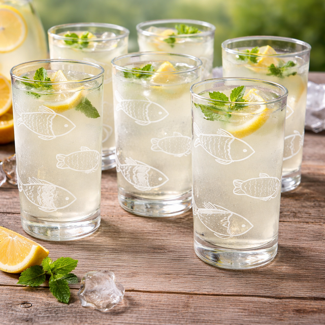 Clear glasses with lemon and mint garnishes on a wooden surface outdoors.