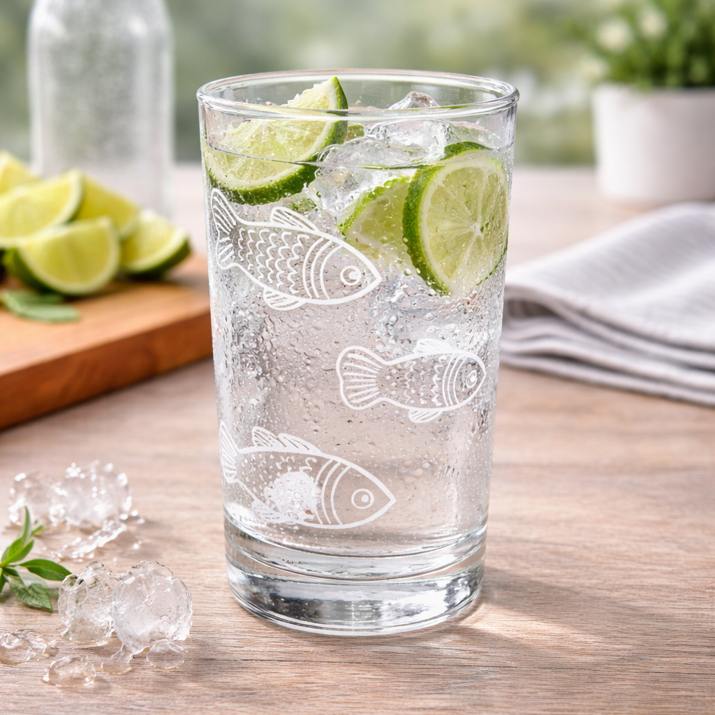 Clear glass with etch fish design filled with water, ice, and lime wedges on a wooden table.
